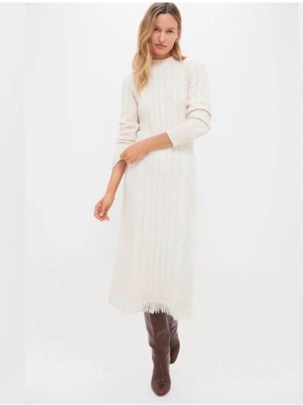 Hyacinth House Cream Cable-Knit Maxi Dress with Fringe Hem XS